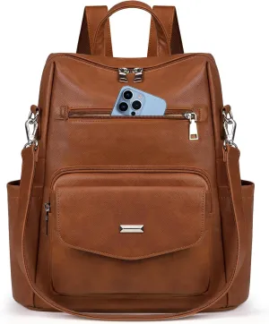 RAINSMORE Convertible Backpack Purse for Women Designer PU Leather Backpack Purse Waterproof Women's Fashion Backpack Handbags 13.3 Inch Anti Theft Crossbody Shoulder Bag for Work Travel College Brown