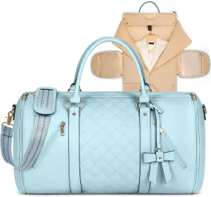RAINSMORE Garment Bags for Travel Women Leather Convertible Garment Duffle Bag With Shoe Pouch,Large Carry On Garment Bag Dress Suit Business Travel Bags Blue