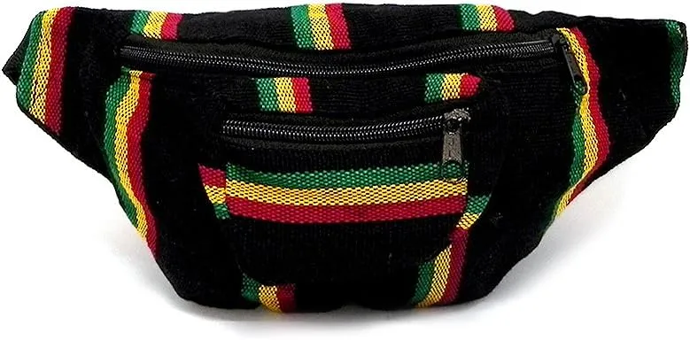 Rasta Multicolored Woven Striped Pattern Lightweight Fanny Pack Waist Bag - Handmade Belt Pouch Boho Travel Accessories (Black Stripes)