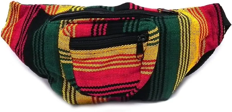 Rasta Multicolored Woven Striped Pattern Lightweight Fanny Pack Waist Bag - Handmade Belt Pouch Boho Travel Accessories (Multi Stripes)