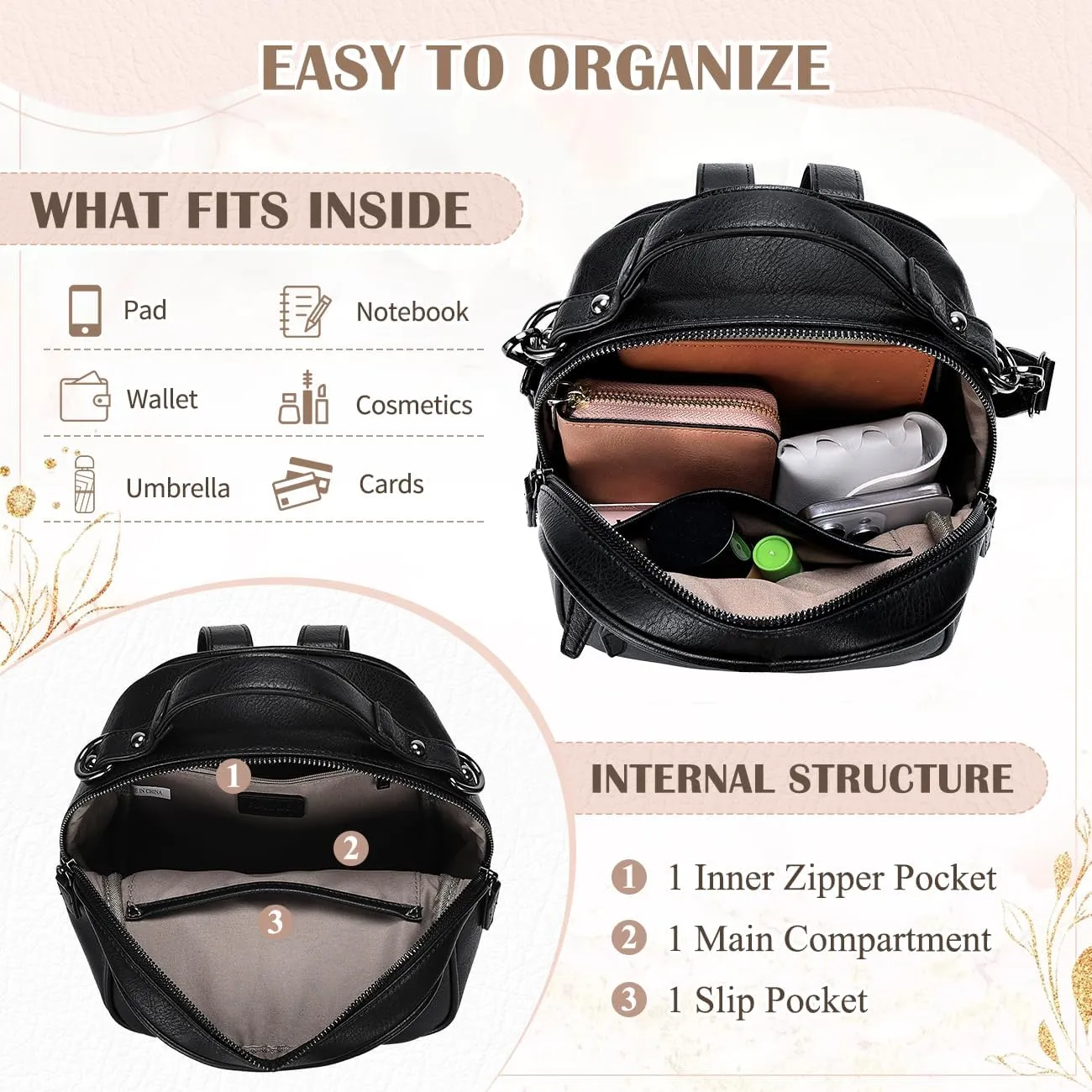 RAVUO Mini Backpack for Women, Small Leather Backpack Purse Fashion Handbag Convertible Ladies Trendy Shoulder Bag for Work,Travel,Black