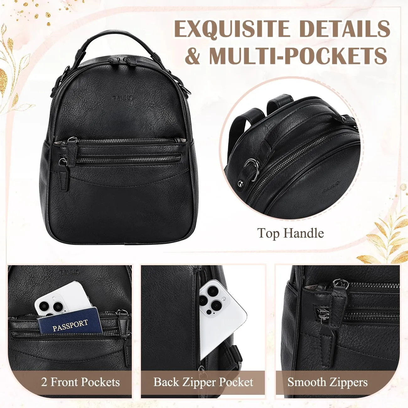 RAVUO Mini Backpack for Women, Small Leather Backpack Purse Fashion Handbag Convertible Ladies Trendy Shoulder Bag for Work,Travel,Black