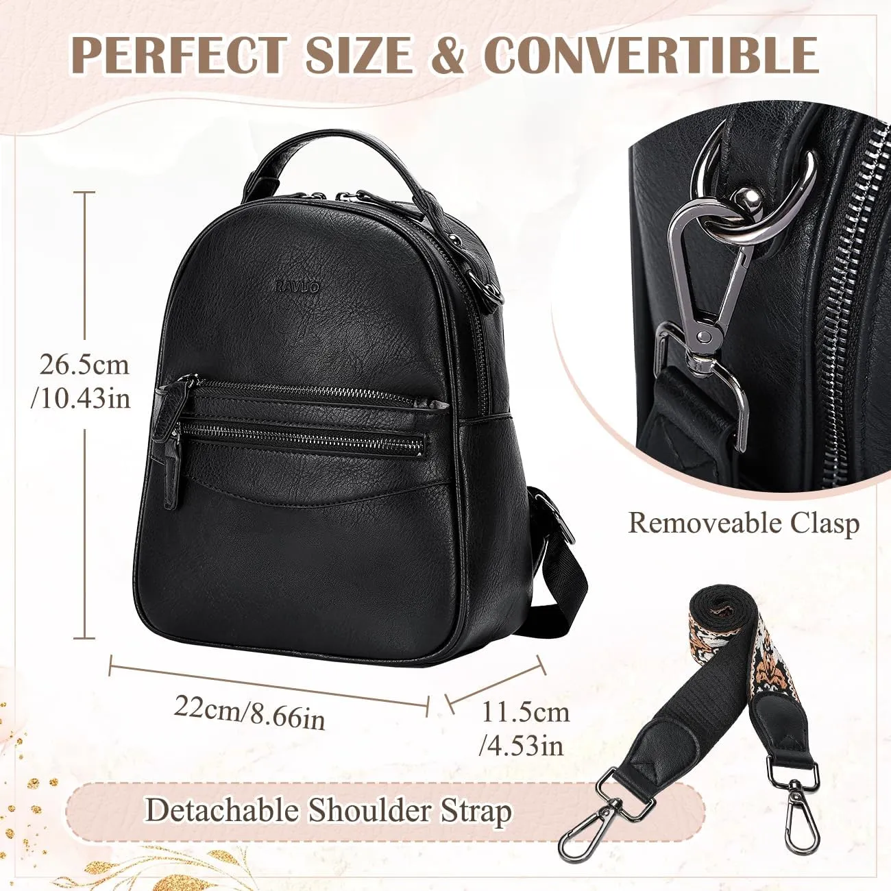 RAVUO Mini Backpack for Women, Small Leather Backpack Purse Fashion Handbag Convertible Ladies Trendy Shoulder Bag for Work,Travel,Black
