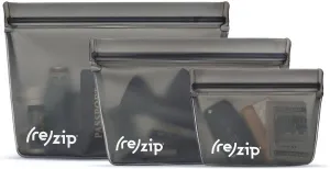 (re) zip 3-Piece Stand-Up Reusable Bag Kit | BPA-Free, Food Grade, Leakproof, Travel Friendly, Freezer and Dishwasher Safe | Quart (1), 2-Cup (1), Snack Size (1) | Solid Gray