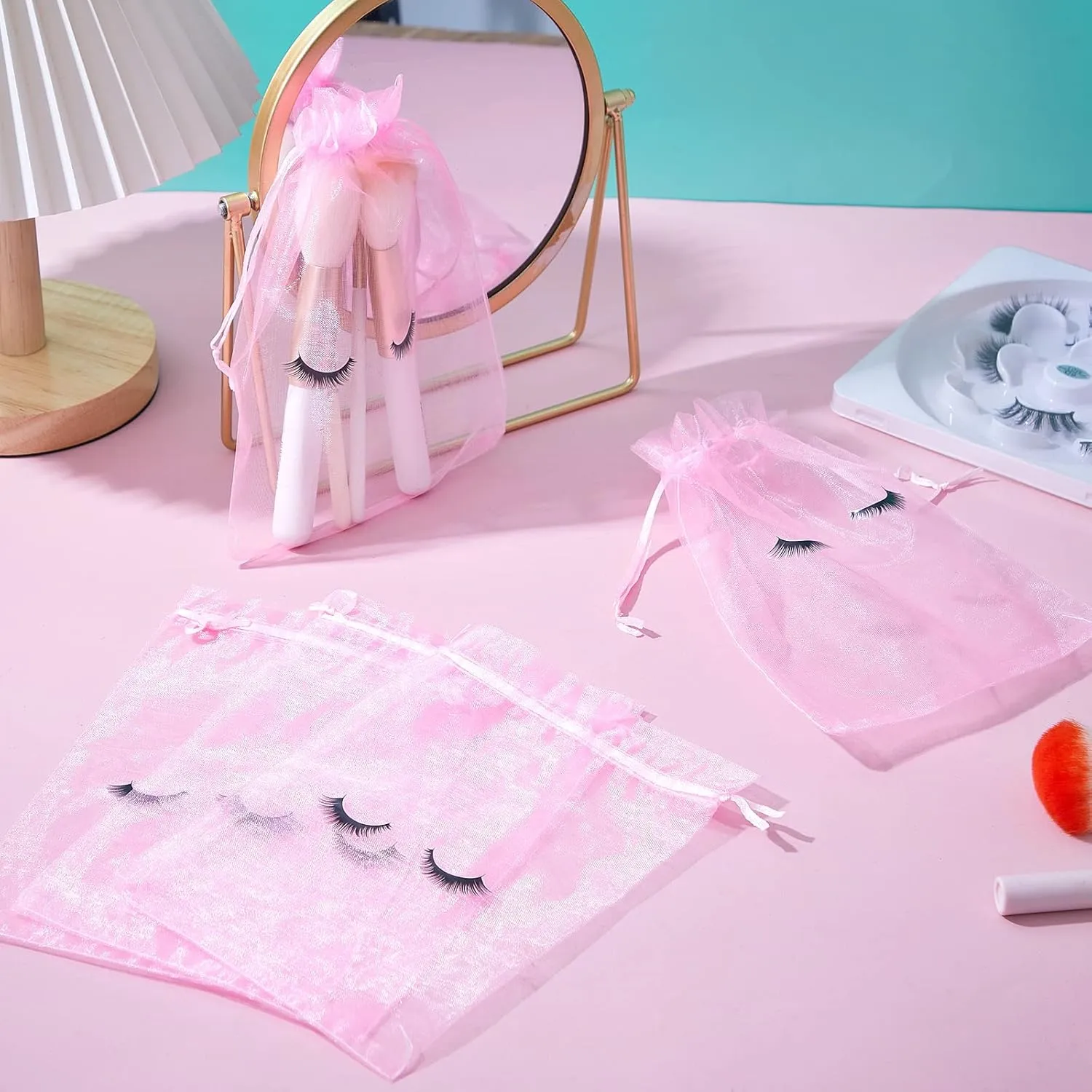 Reginary 100 Pcs Eyelash Aftercare Bags Eye Lash Print Makeup Bags Empty Beauty Gift Women Drawstring Cosmetic Organza Pouch for Makeup Jewelry Supplies(8 x 6 Inch,Pink Plus Black)