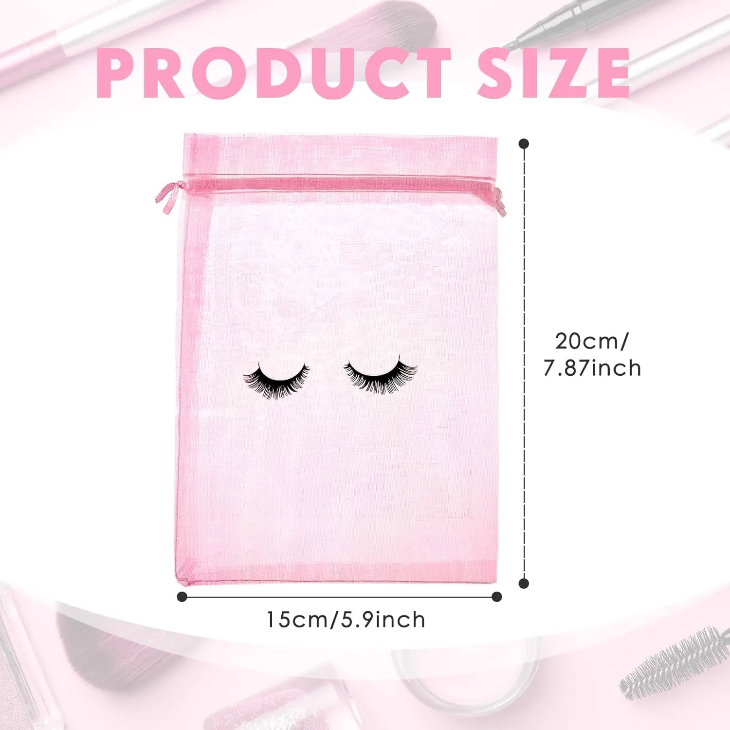 Reginary 100 Pcs Eyelash Aftercare Bags Eye Lash Print Makeup Bags Empty Beauty Gift Women Drawstring Cosmetic Organza Pouch for Makeup Jewelry Supplies(8 x 6 Inch,Pink Plus Black)