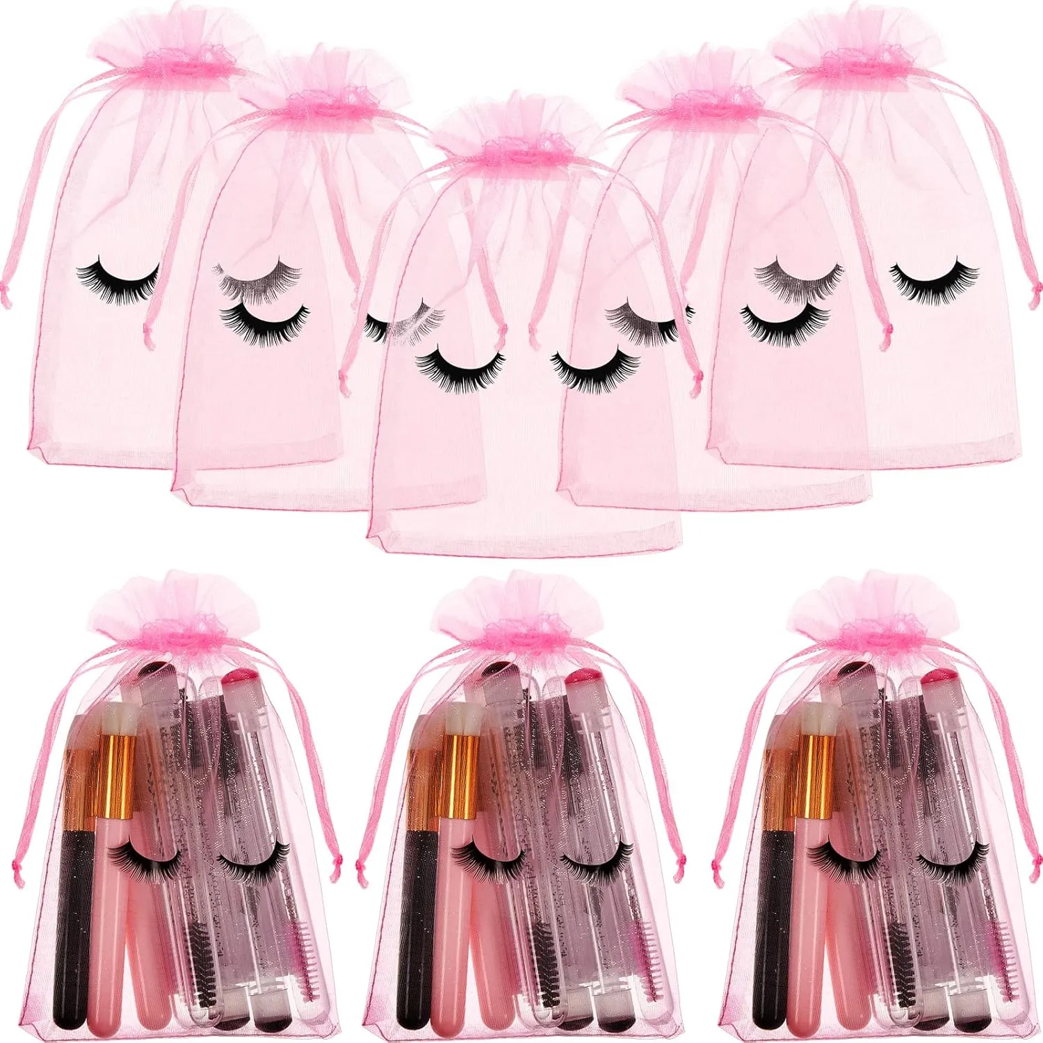 Reginary 100 Pcs Eyelash Aftercare Bags Eye Lash Print Makeup Bags Empty Beauty Gift Women Drawstring Cosmetic Organza Pouch for Makeup Jewelry Supplies(8 x 6 Inch,Pink Plus Black)