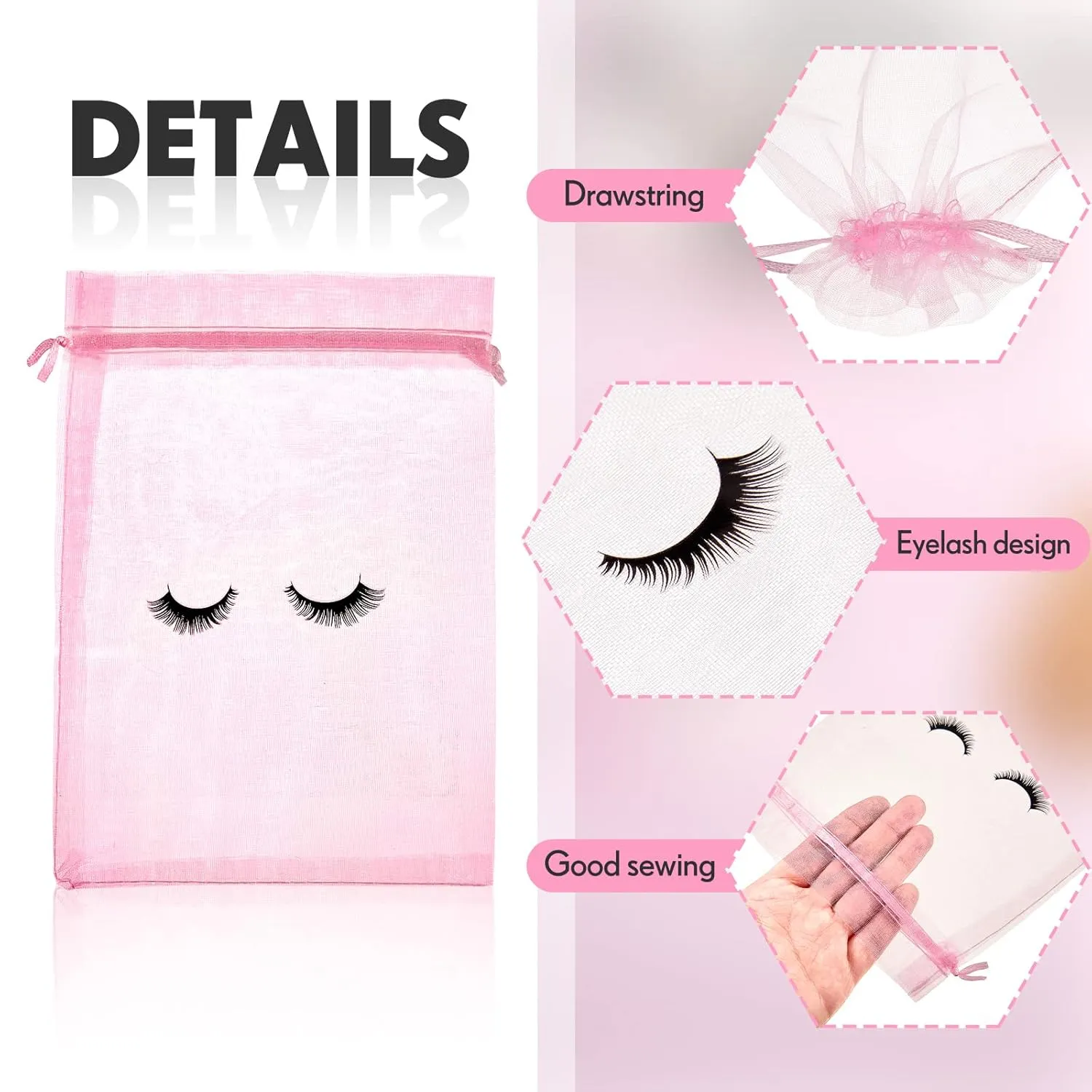 Reginary 100 Pcs Eyelash Aftercare Bags Eye Lash Print Makeup Bags Empty Beauty Gift Women Drawstring Cosmetic Organza Pouch for Makeup Jewelry Supplies(8 x 6 Inch,Pink Plus Black)