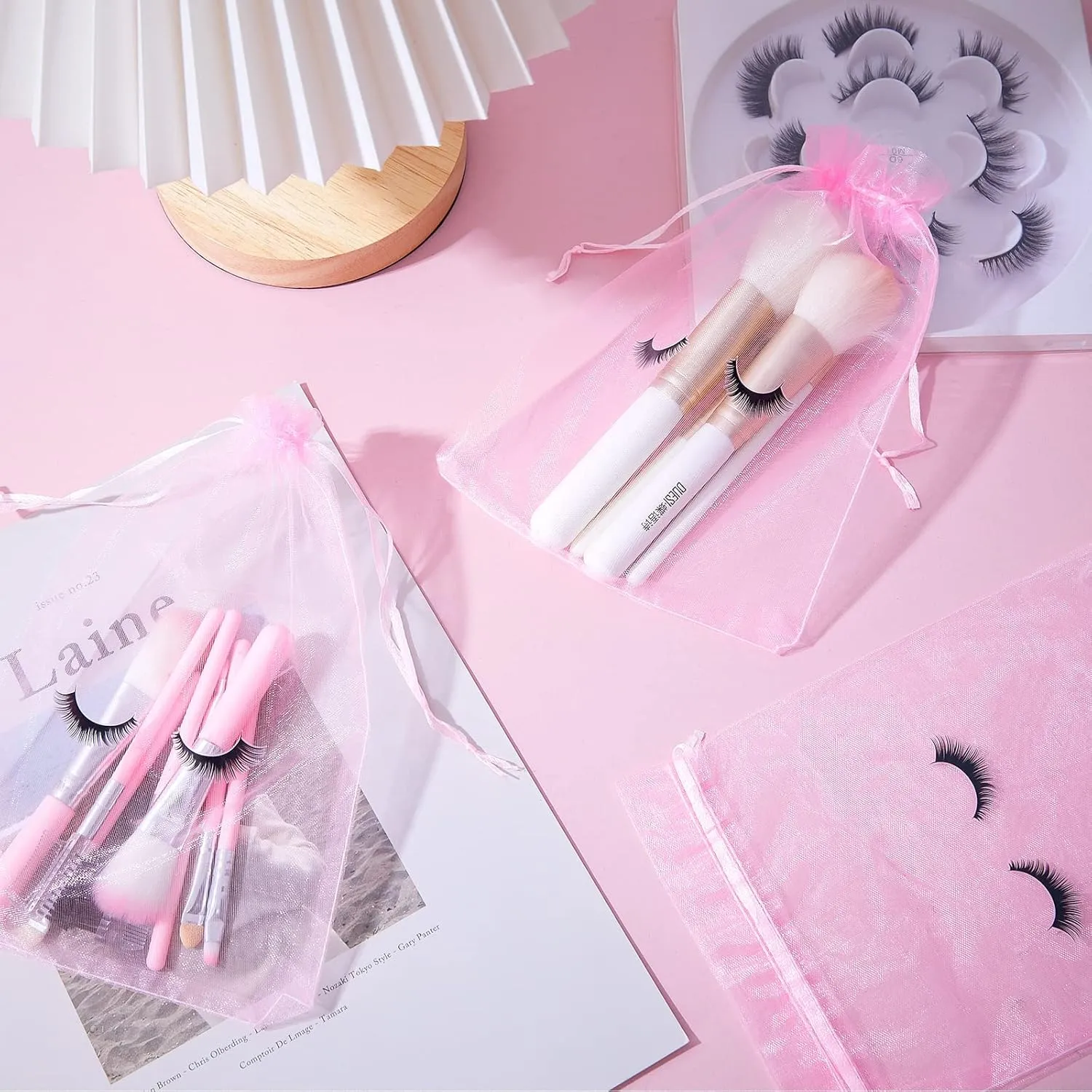 Reginary 100 Pcs Eyelash Aftercare Bags Eye Lash Print Makeup Bags Empty Beauty Gift Women Drawstring Cosmetic Organza Pouch for Makeup Jewelry Supplies(8 x 6 Inch,Pink Plus Black)