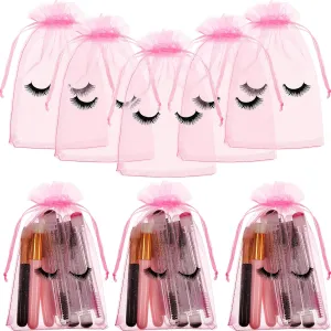 Reginary 100 Pcs Eyelash Aftercare Bags Eye Lash Print Makeup Bags Empty Beauty Gift Women Drawstring Cosmetic Organza Pouch for Makeup Jewelry Supplies(8 x 6 Inch,Pink Plus Black)