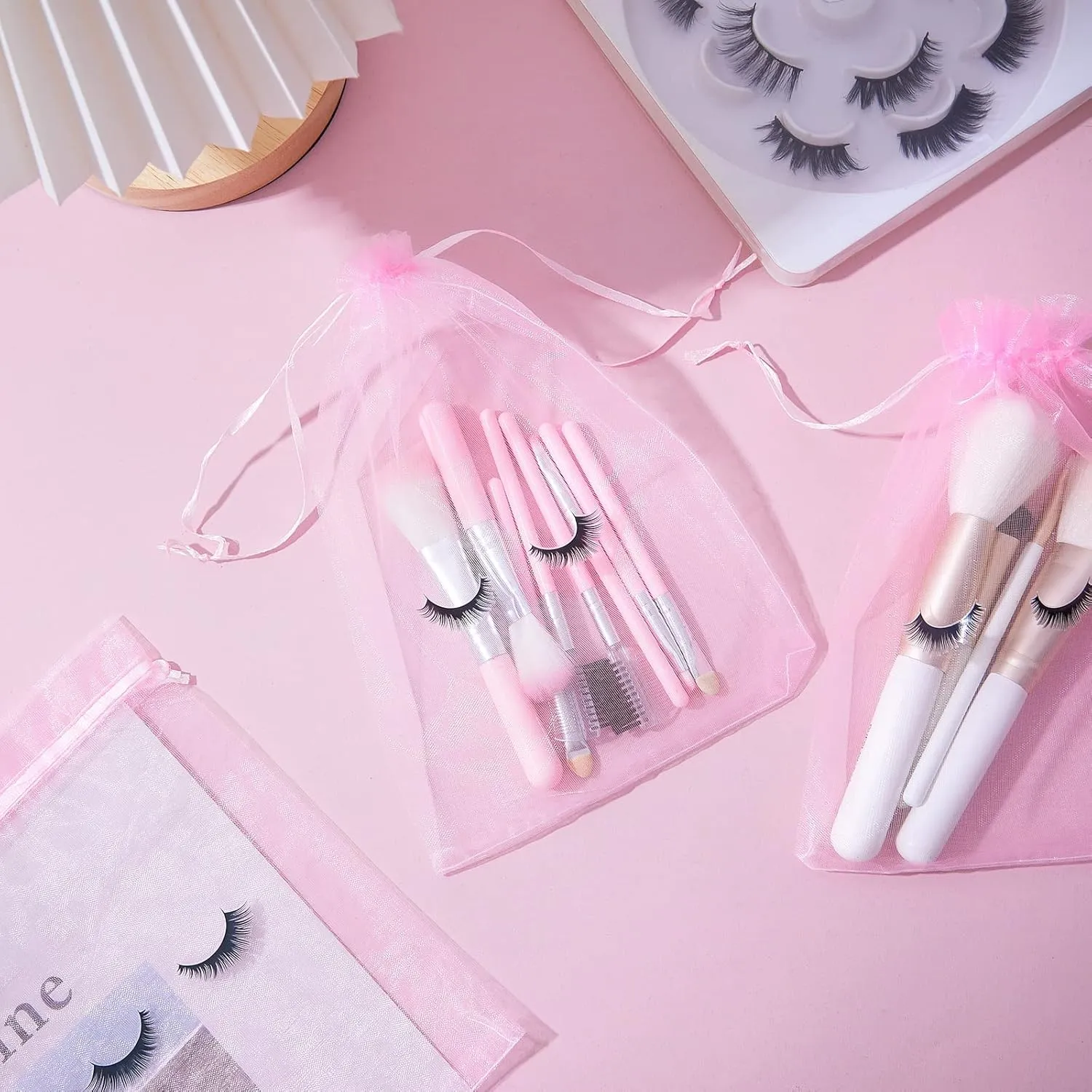 Reginary 100 Pcs Eyelash Aftercare Bags Eye Lash Print Makeup Bags Empty Beauty Gift Women Drawstring Cosmetic Organza Pouch for Makeup Jewelry Supplies(8 x 6 Inch,Pink Plus Black)
