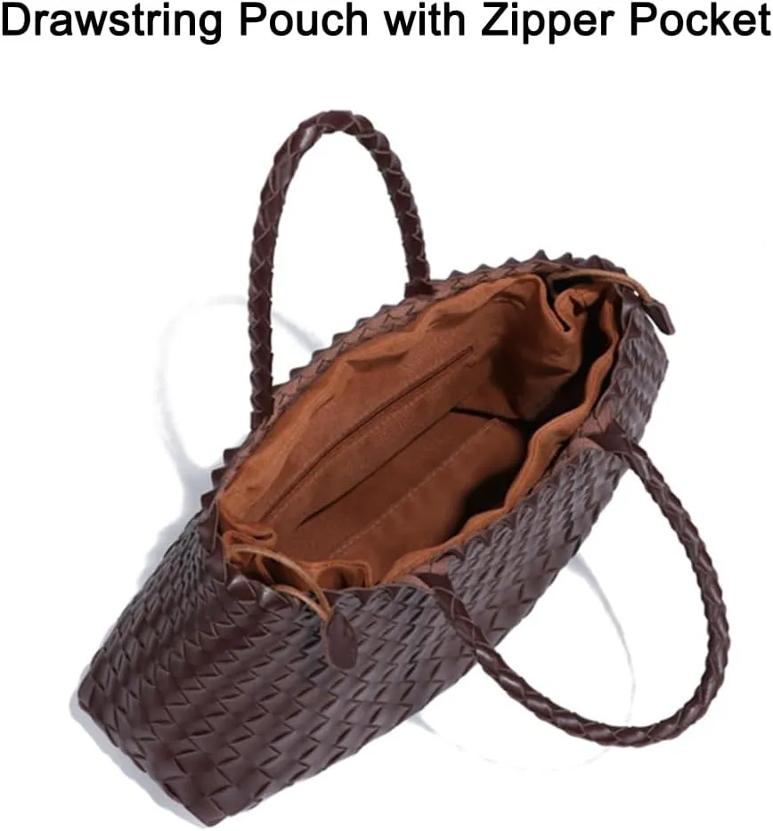 Rejolly Basket Bag for Women Woven Leather Top Handle Tote Handbag Summer Vacation Chic Beach Purse with Drawstring Pouch