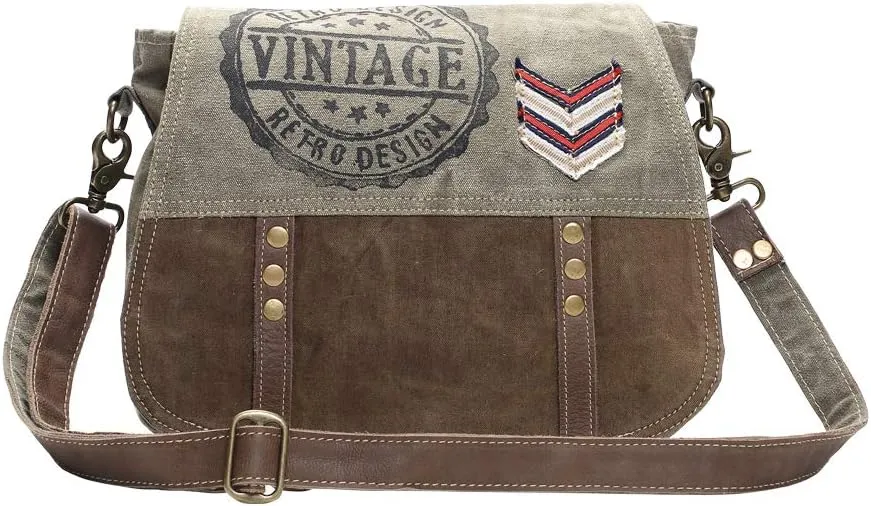 Retro Chevron Patch Upcycled Canvas and Genuine Leather Crossbody Bag