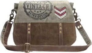 Retro Chevron Patch Upcycled Canvas and Genuine Leather Crossbody Bag