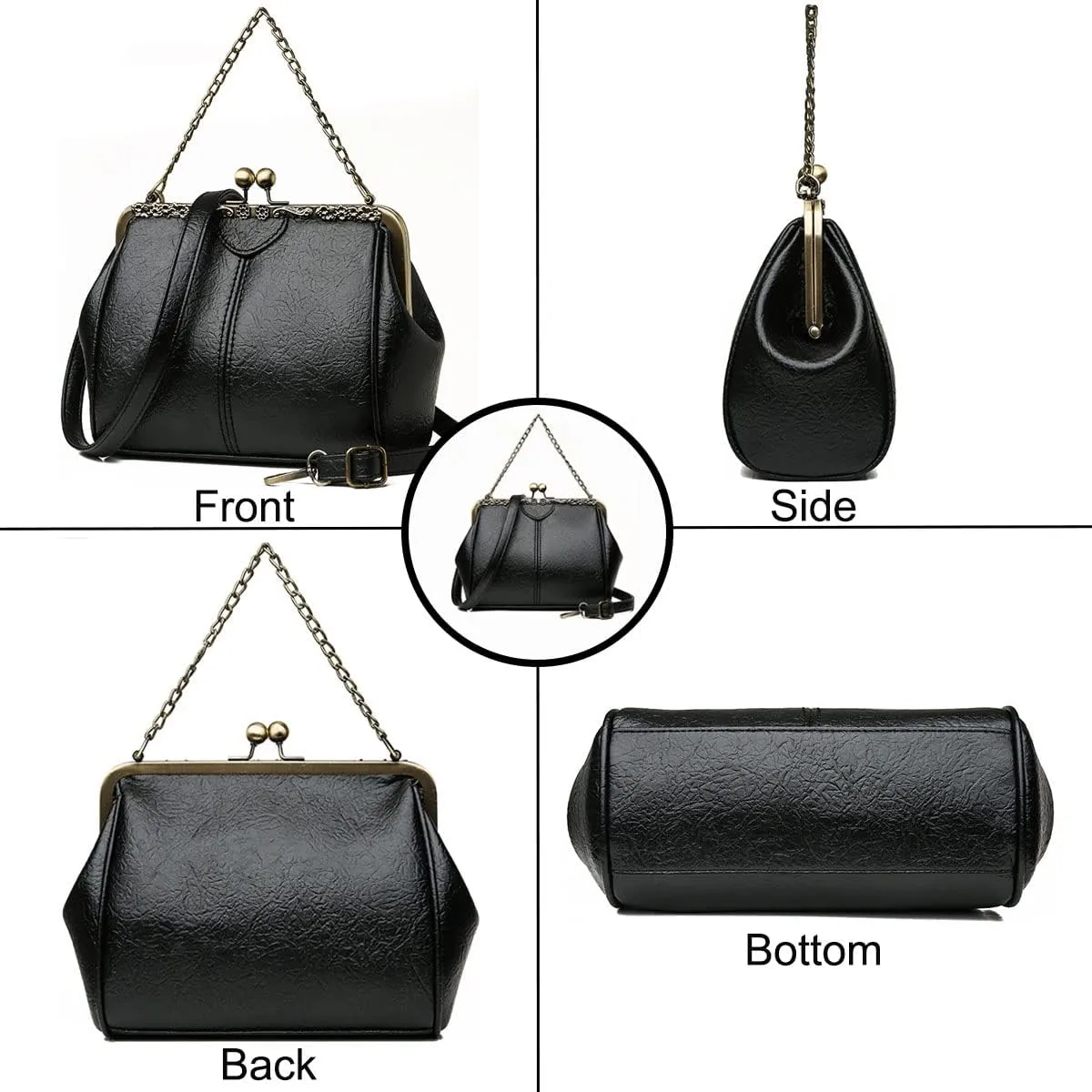 Retro Handbags and Purses for Women Chain Kiss Lock Top-Handle Satchel PU Leather Shoulder Bag Hollow Tote Champagne