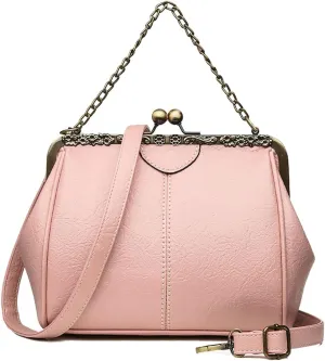 Retro Handbags and Purses for Women Chain Kiss Lock Top-Handle Satchel PU Leather Shoulder Bag Hollow Tote Champagne
