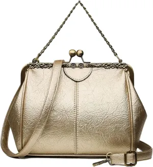 Retro Handbags and Purses for Women Chain Kiss Lock Top-Handle Satchel PU Leather Shoulder Bag Hollow Tote Champagne