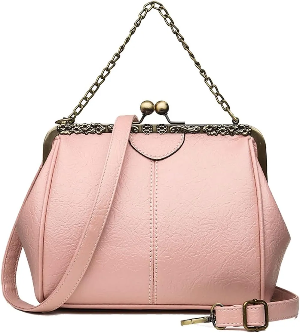 Retro Handbags and Purses for Women Chain Kiss Lock Top-Handle Satchel PU Leather Shoulder Bag Hollow Tote Champagne