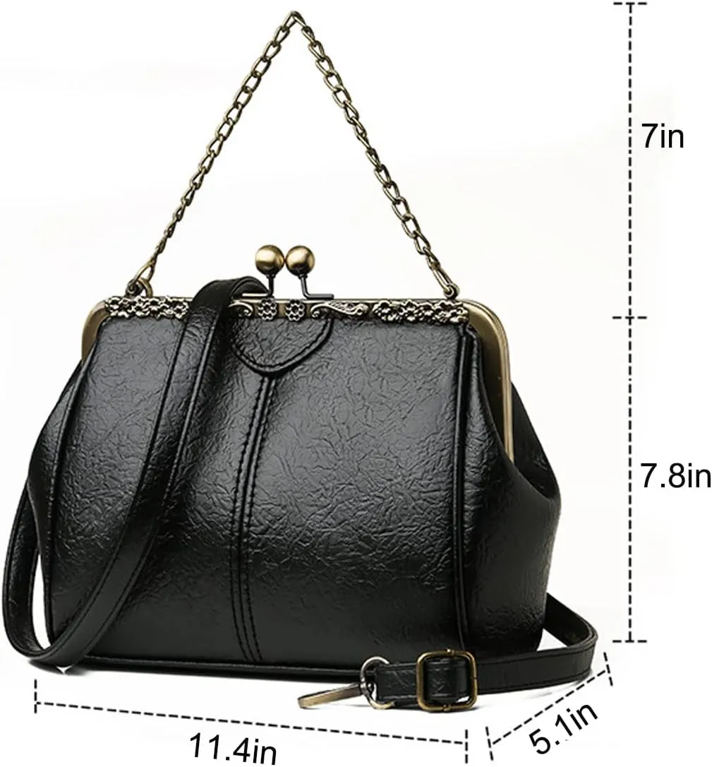 Retro Handbags and Purses for Women Chain Kiss Lock Top-Handle Satchel PU Leather Shoulder Bag Hollow Tote Champagne