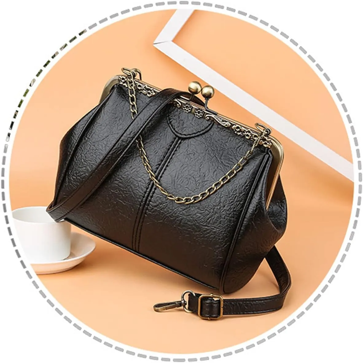 Retro Handbags and Purses for Women Chain Kiss Lock Top-Handle Satchel PU Leather Shoulder Bag Hollow Tote Champagne
