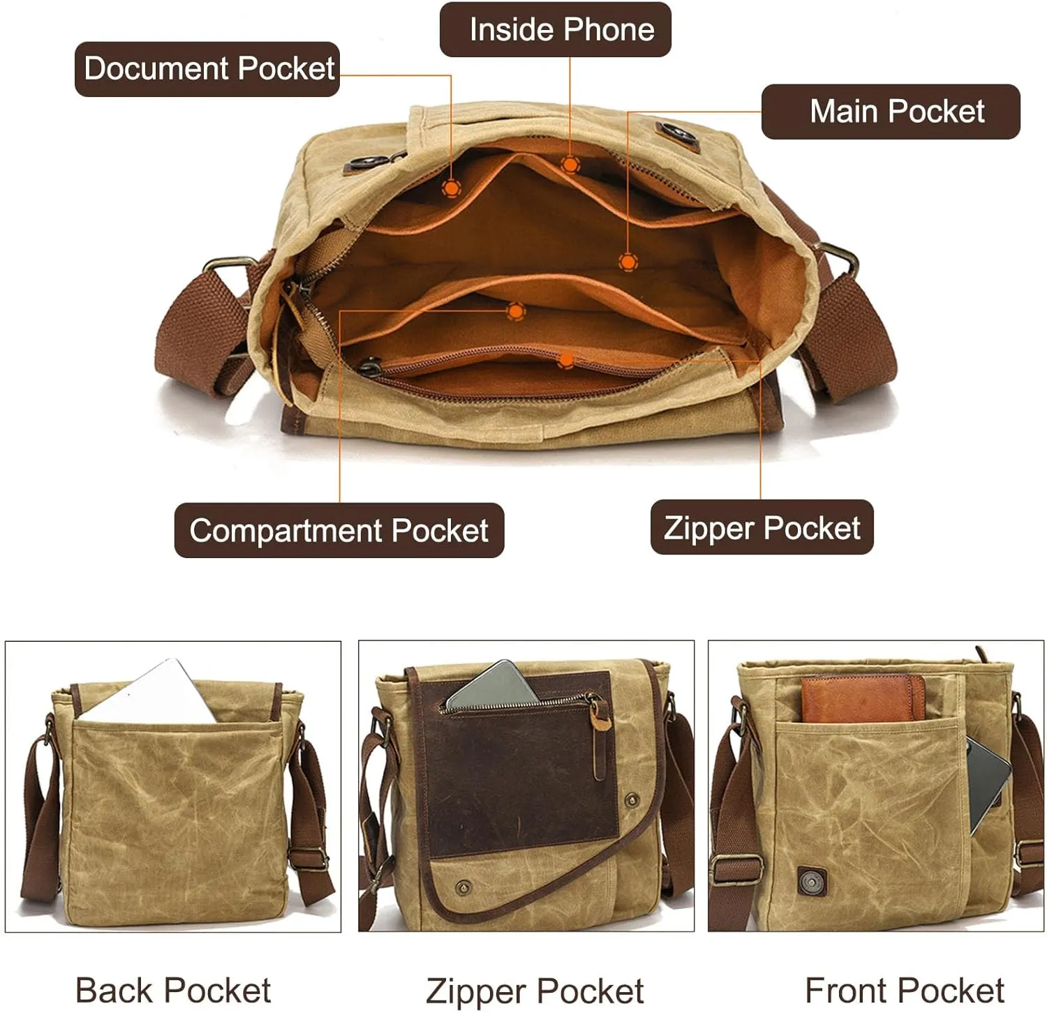 Retro Men's Shoulder Bags Canvas man bags for men Crossbody Bag Messenger Bags for Men Women Cover Pack Work Professional Business Office Travel Satchel Bag Khaki