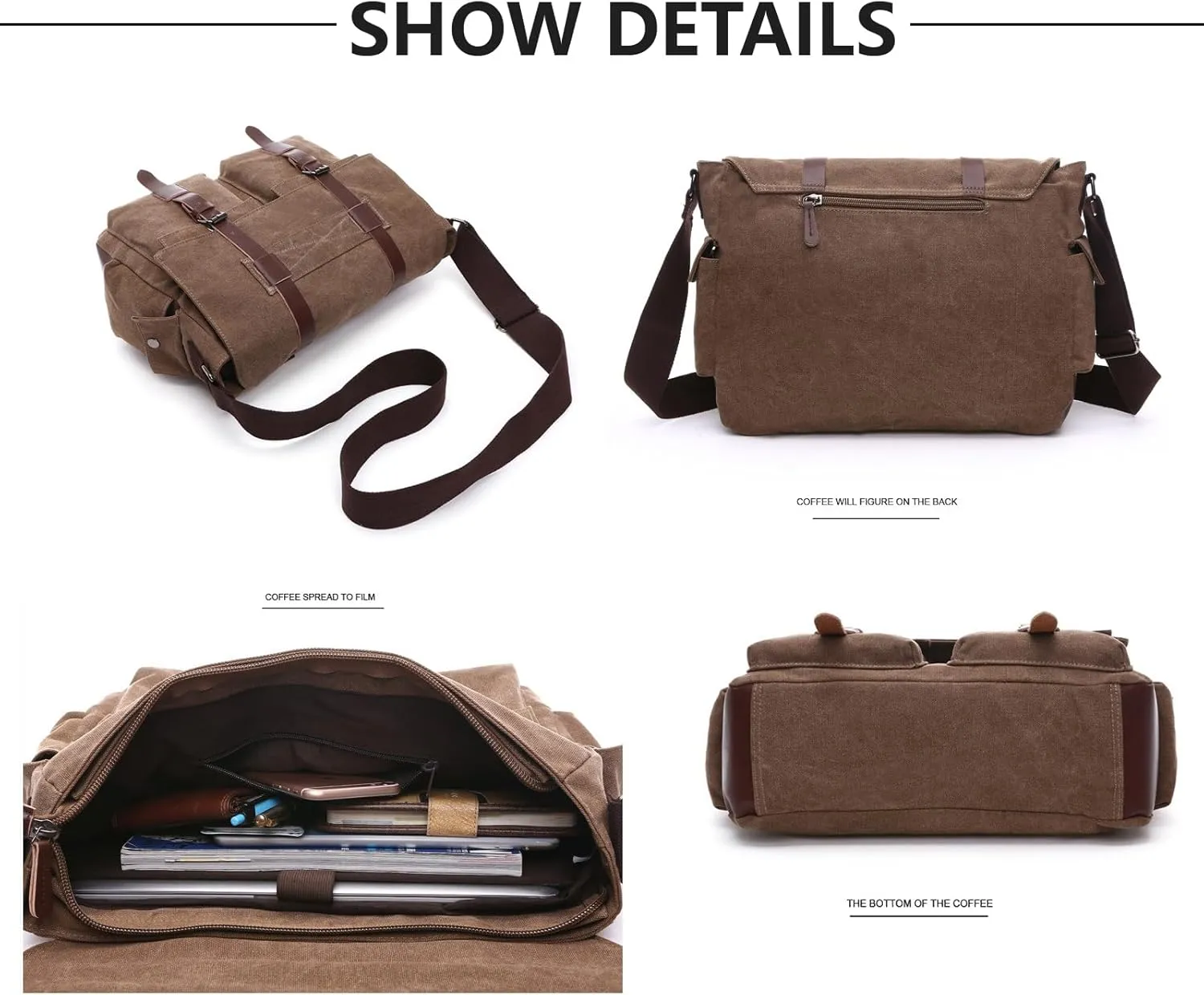 Retro military men's canvas crossbody bag, leather canvas laptop bag, messenger bag