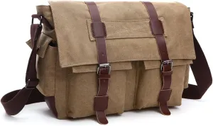 Retro military men's canvas crossbody bag, leather canvas laptop bag, messenger bag