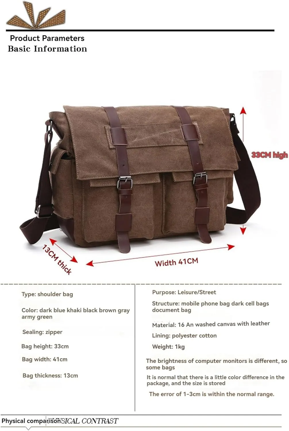 Retro military men's canvas crossbody bag, leather canvas laptop bag, messenger bag