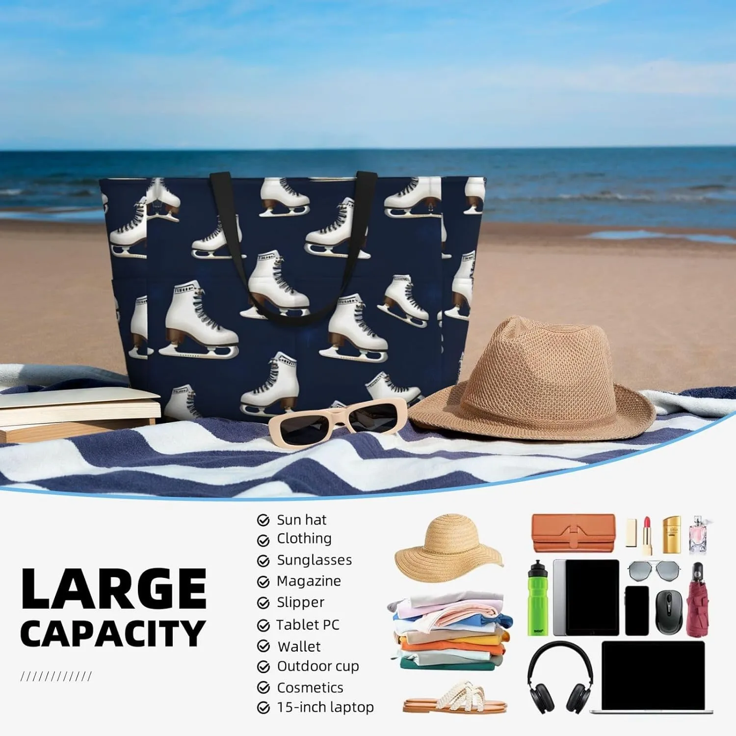Retro Roller Skates Beach Tote Bags For Women Travel Totes Bag Handbag With Zipper And Pockets For Travel Vacation