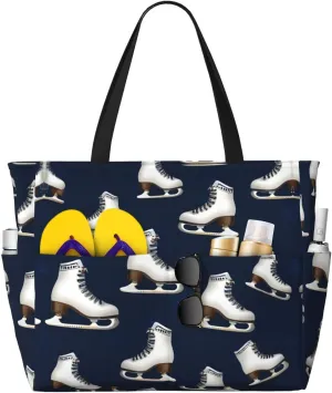 Retro Roller Skates Beach Tote Bags For Women Travel Totes Bag Handbag With Zipper And Pockets For Travel Vacation