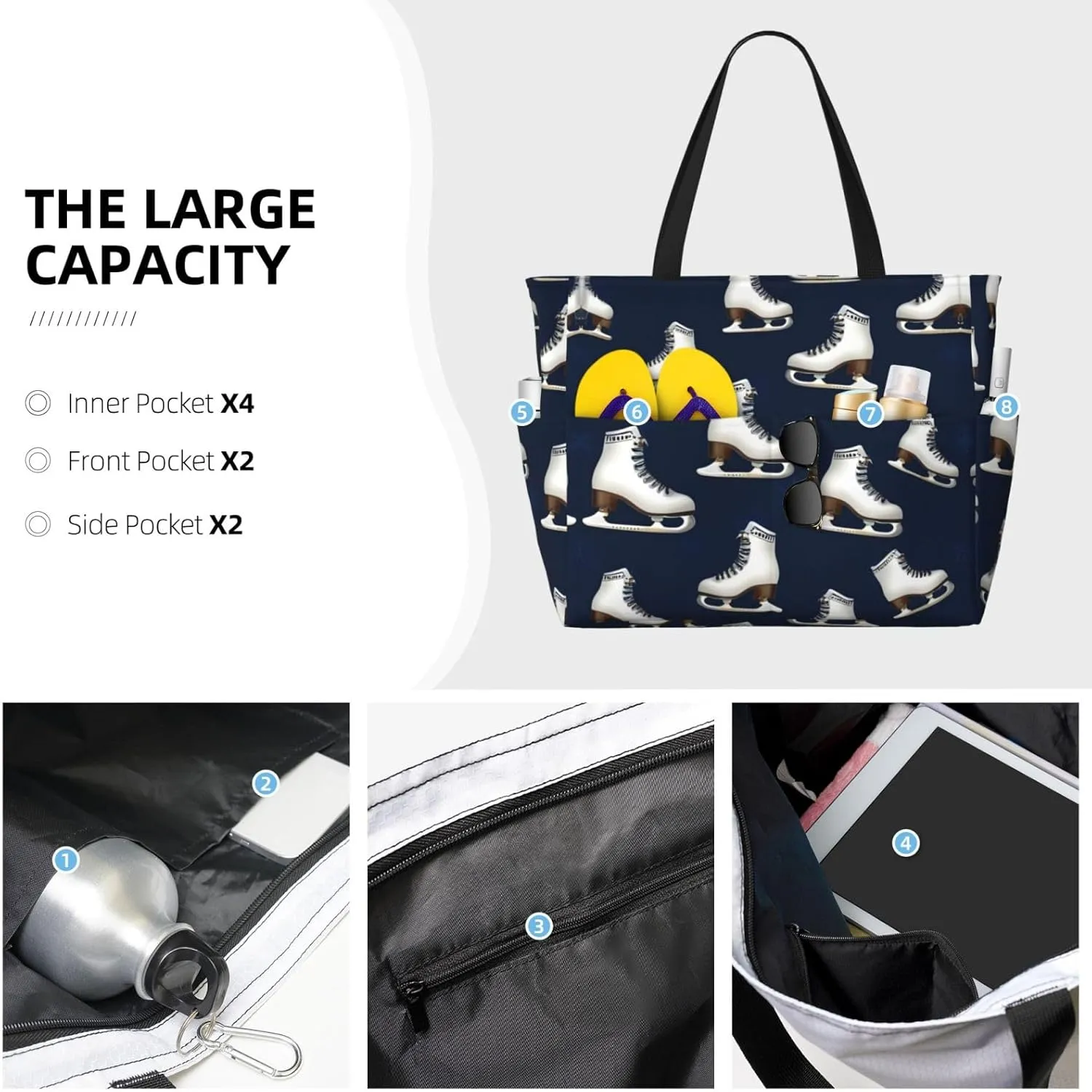 Retro Roller Skates Beach Tote Bags For Women Travel Totes Bag Handbag With Zipper And Pockets For Travel Vacation