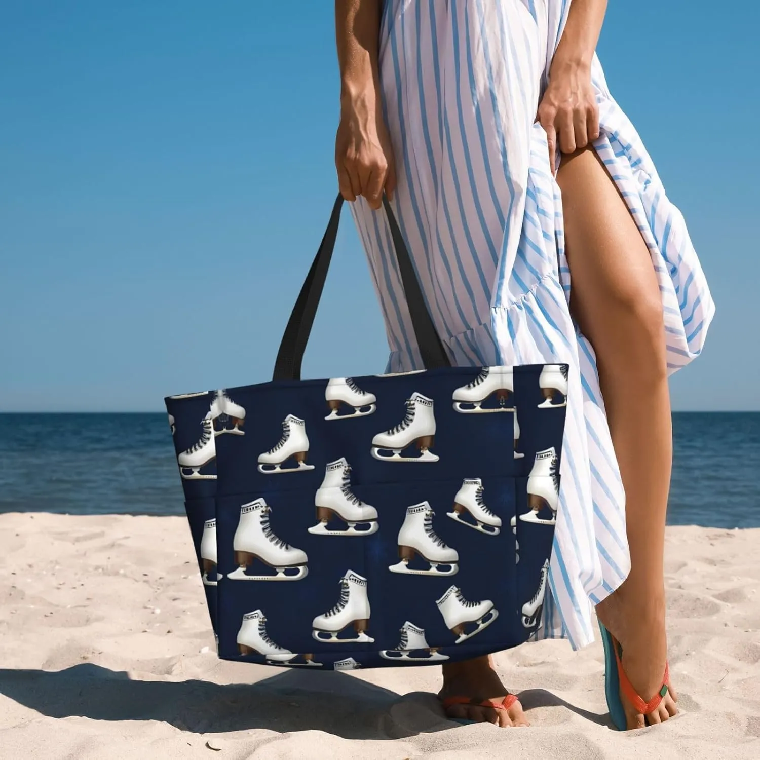 Retro Roller Skates Beach Tote Bags For Women Travel Totes Bag Handbag With Zipper And Pockets For Travel Vacation