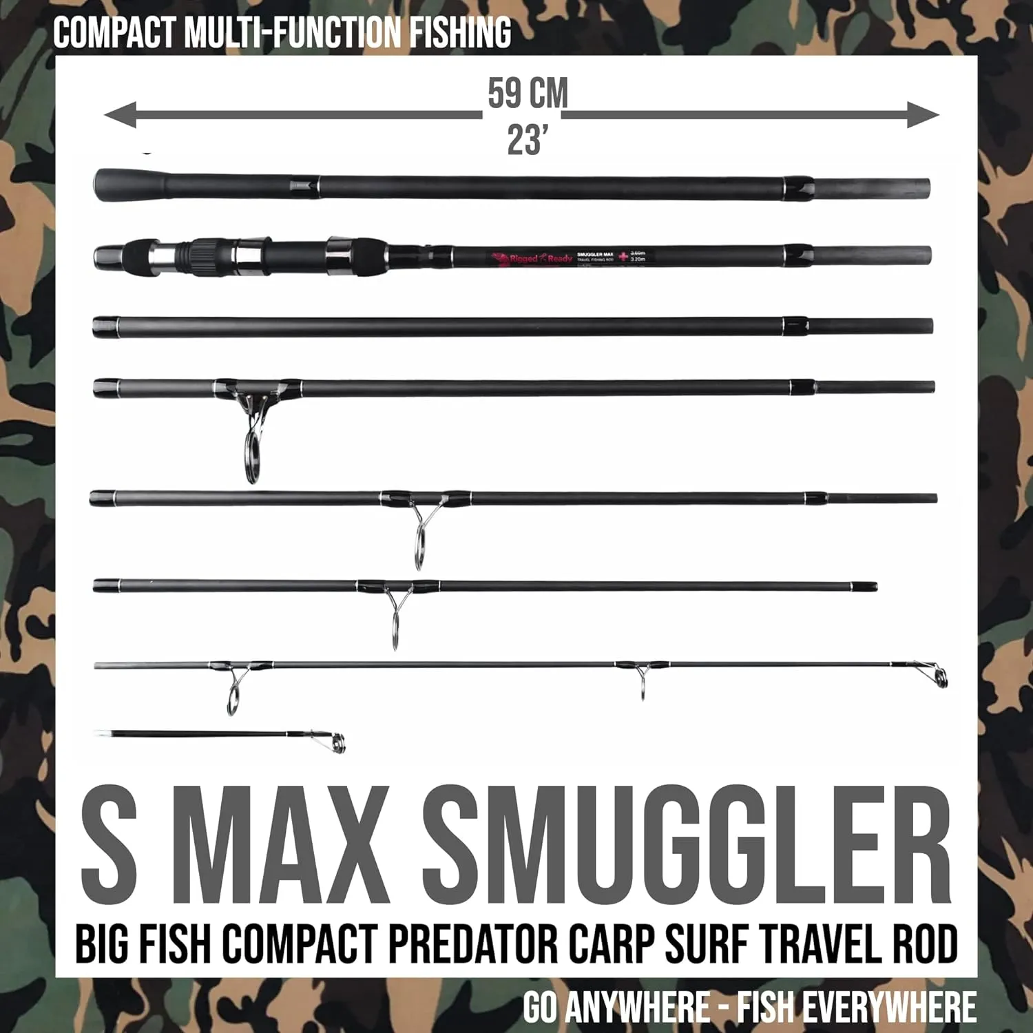 Rigged and Ready S Max and S Mid Travel Fishing Rods. 2 Powerful Predator-Carp-Surf Compact Multi-function Rods, 2 tips & Case for Mobile Travelling Anglers freshwater and seawater fish to 15kg (33lb)