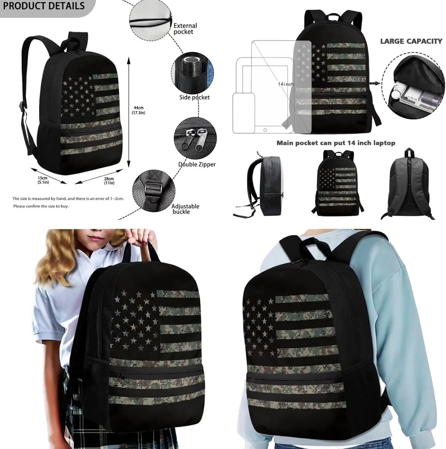 Rnyleeg Wood American Flag Backpack for Boys 8-12 Lightweight School Backpack with Lunch Box Set 4 Pack Elementary Middle School Bookbag Set Casual Kids Packsack for Outdoor