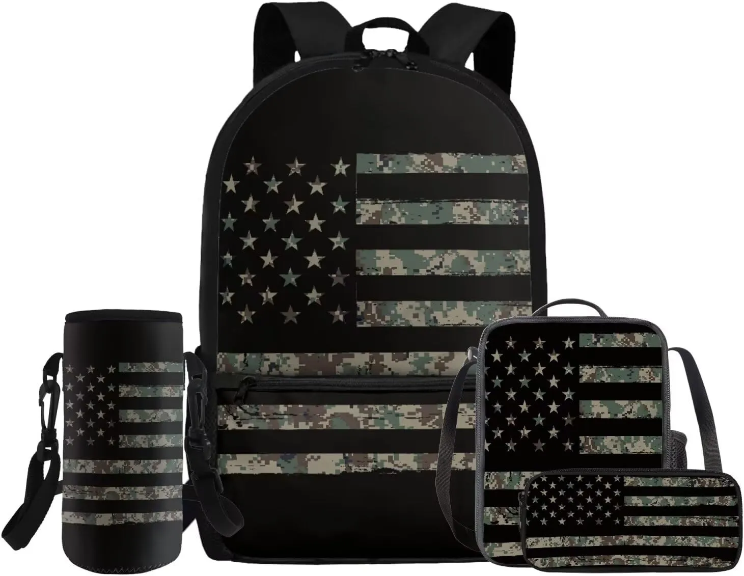 Rnyleeg Wood American Flag Backpack for Boys 8-12 Lightweight School Backpack with Lunch Box Set 4 Pack Elementary Middle School Bookbag Set Casual Kids Packsack for Outdoor