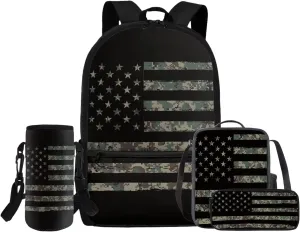 Rnyleeg Wood American Flag Backpack for Boys 8-12 Lightweight School Backpack with Lunch Box Set 4 Pack Elementary Middle School Bookbag Set Casual Kids Packsack for Outdoor