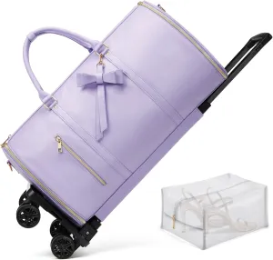 Rolling Garment Bags For Travel, Luxury Duffel Bag with Wheels,3-in-1 Suit Luggage Bag for Women Business Trip & Travel With Shoe Pouch, Foldable PU Leather Carry On Garment Bag, Purple