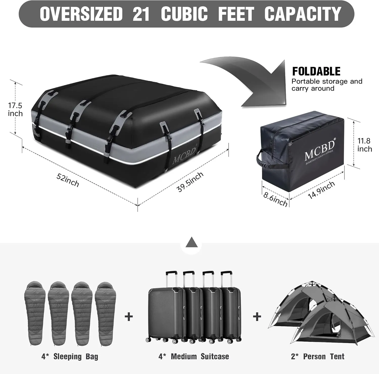 Rooftop Cargo Carrier, 21 Cubic Feet Soft-Shell Waterproof Car Roof Luggage Bag for All Vehicles SUV with/Without Rails, Includes 10 Reinforced Straps   6 Door Hooks,Storage Bag,Anti-Slip Mat