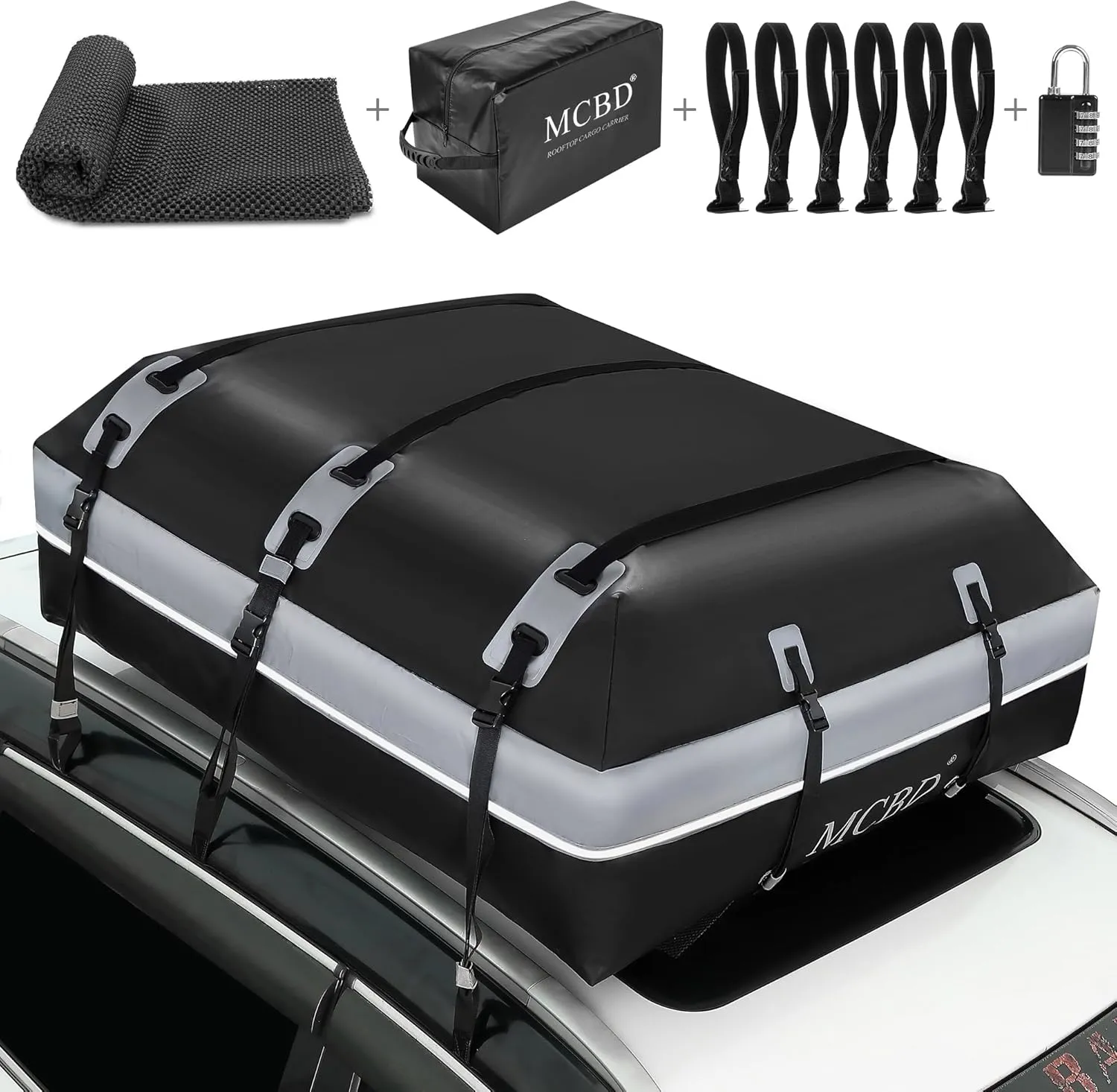 Rooftop Cargo Carrier, 21 Cubic Feet Soft-Shell Waterproof Car Roof Luggage Bag for All Vehicles SUV with/Without Rails, Includes 10 Reinforced Straps   6 Door Hooks,Storage Bag,Anti-Slip Mat