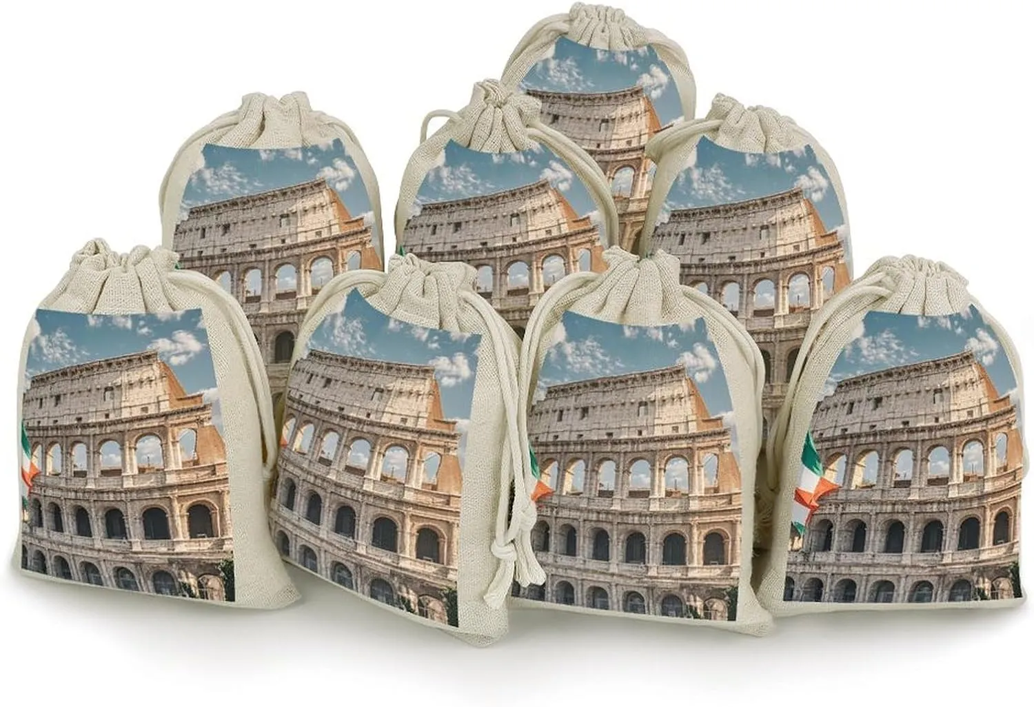 RTFGHJS 8 Pieces Drawstring Bags Roman Colosseum Italian Flag Burlap Pouch Bag Linen Gift Pocket Jewelry Pouch for DIY Craft Party
