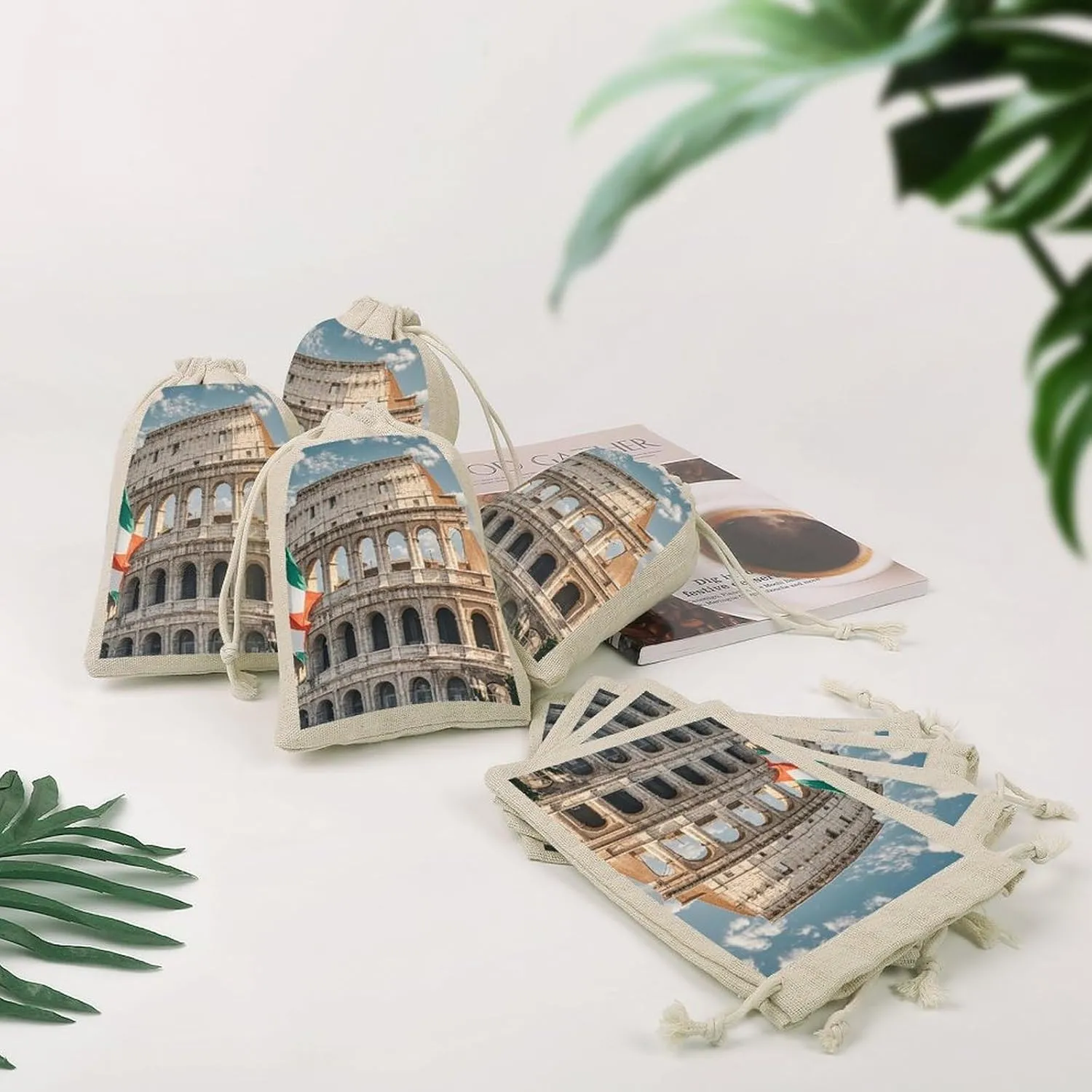RTFGHJS 8 Pieces Drawstring Bags Roman Colosseum Italian Flag Burlap Pouch Bag Linen Gift Pocket Jewelry Pouch for DIY Craft Party
