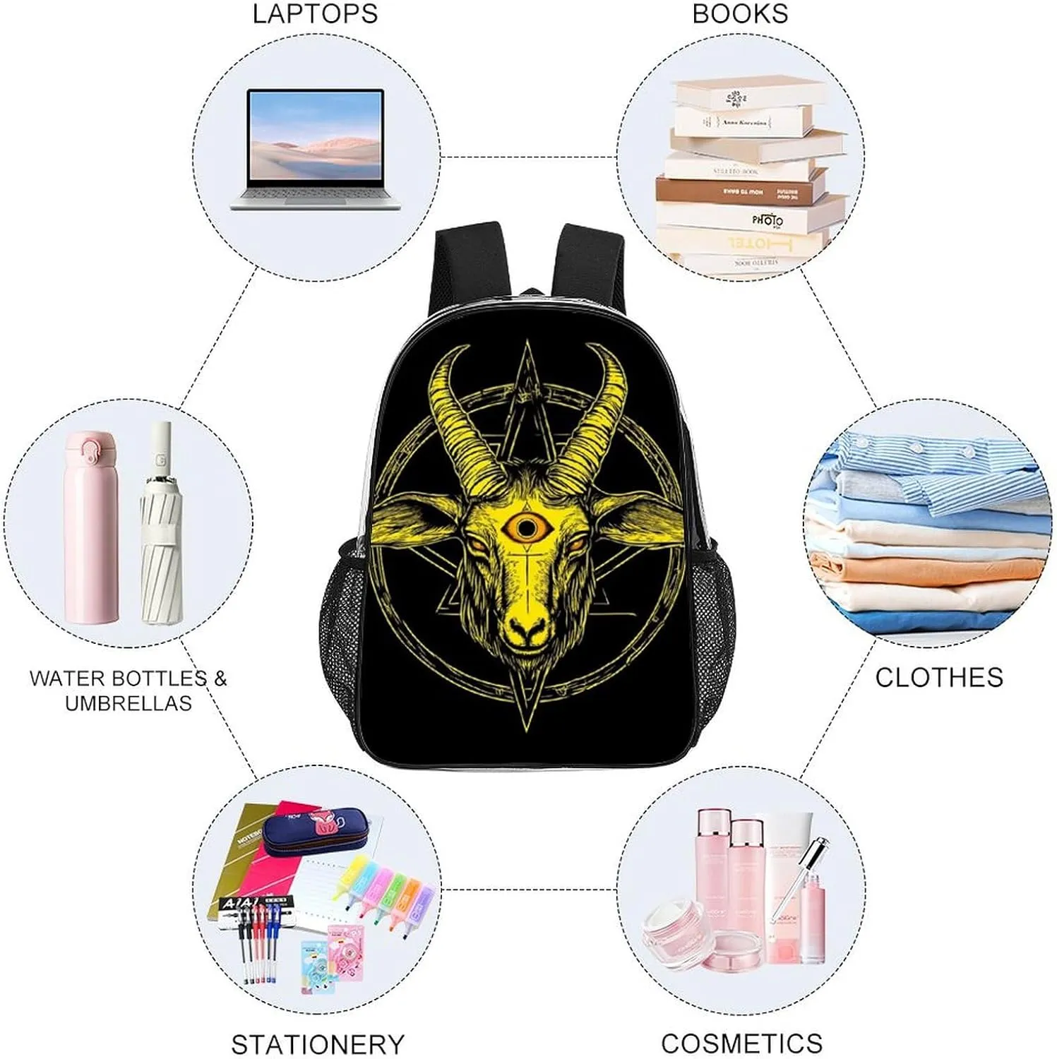 Rucksacks Multipurpose Anti-Theft Big Capacity Bookbag - Aazazel Storm Goat Pentagram Satanic Logo Golden Black Travel Hiking & Camping Rucksack Transparent Bag