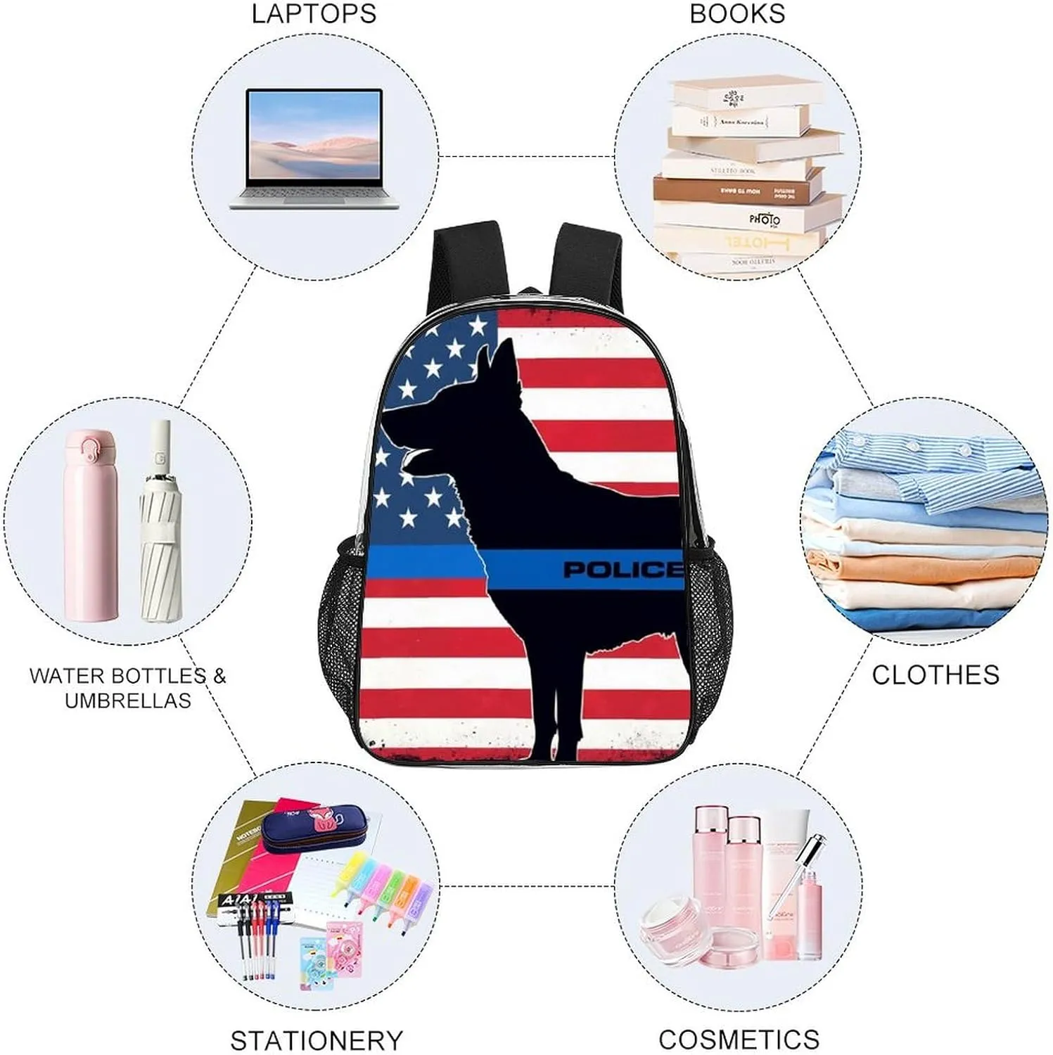 Rucksacks Multipurpose Anti-Theft Big Capacity Bookbag - American Thin Blue Line Police Dog Flag Black Travel Hiking & Camping Rucksack Transparent Bag