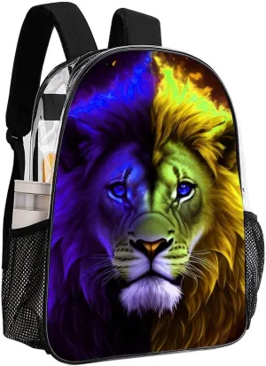 Rucksacks Multipurpose Anti-Theft Big Capacity Bookbag - Cool Lion Blue And Red Fire Surreal Style Art Travel Hiking & Camping Rucksack Transparent Bag