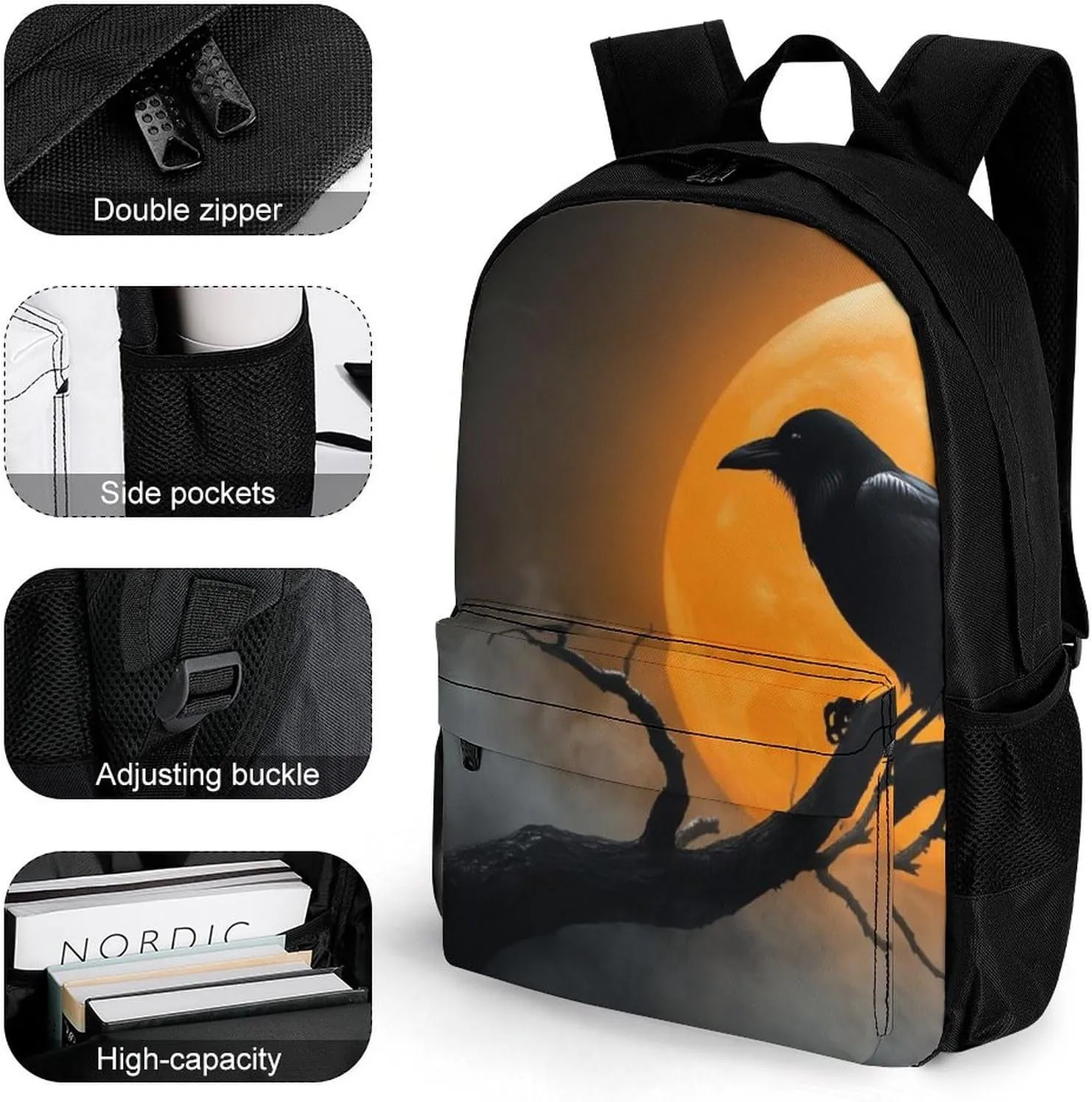 Rucksacks Multipurpose Anti-Theft Big Capacity Bookbag - Full Moon Black Crow Raven Bird Travel Hiking & Camping Rucksack With Padded Straps