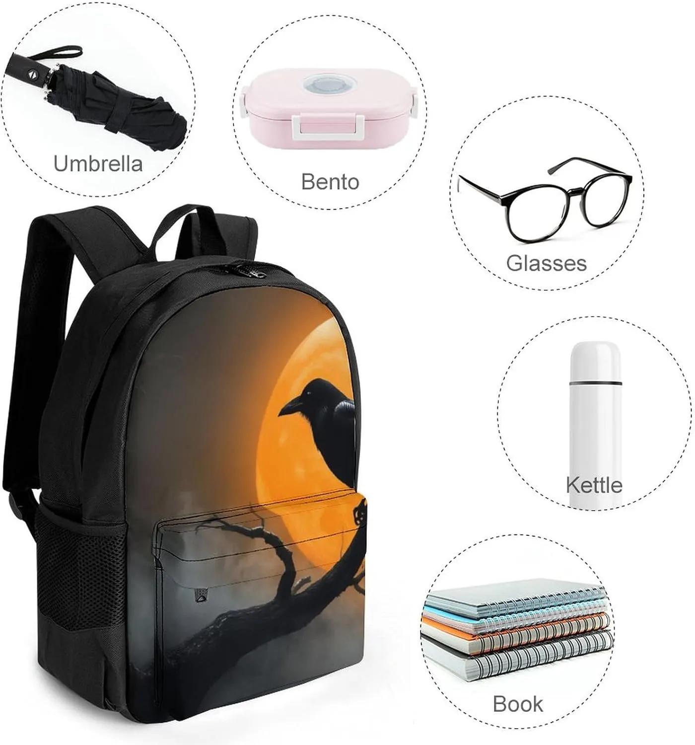 Rucksacks Multipurpose Anti-Theft Big Capacity Bookbag - Full Moon Black Crow Raven Bird Travel Hiking & Camping Rucksack With Padded Straps