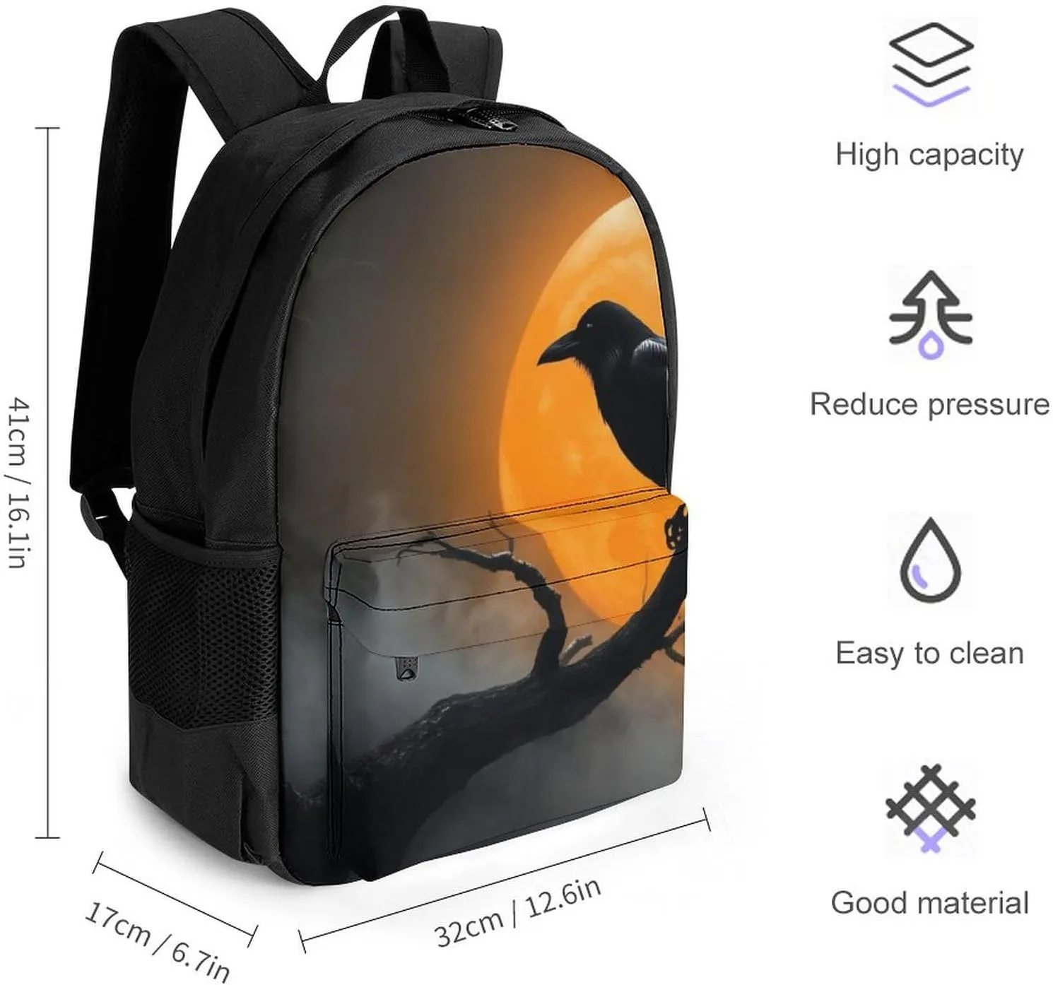 Rucksacks Multipurpose Anti-Theft Big Capacity Bookbag - Full Moon Black Crow Raven Bird Travel Hiking & Camping Rucksack With Padded Straps