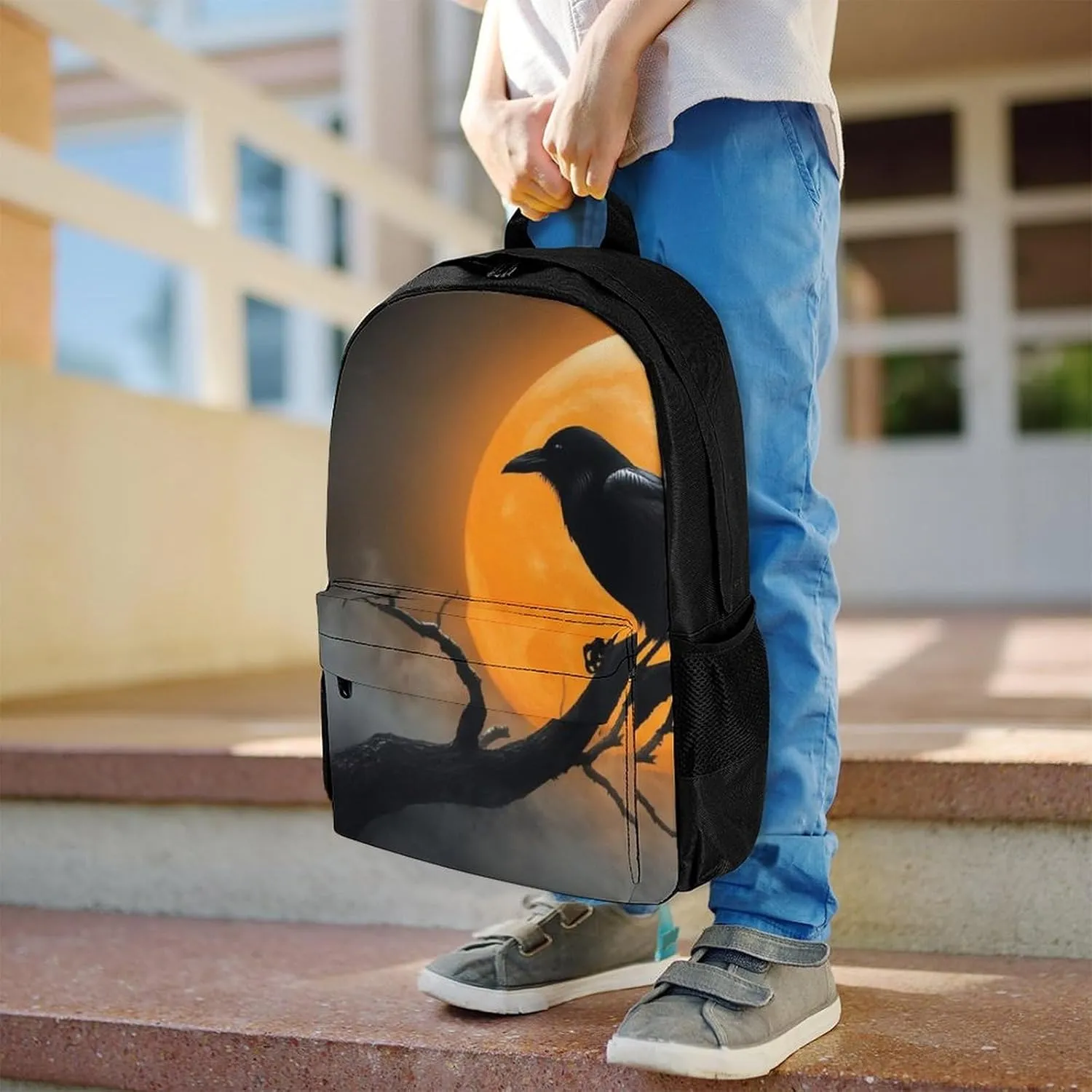 Rucksacks Multipurpose Anti-Theft Big Capacity Bookbag - Full Moon Black Crow Raven Bird Travel Hiking & Camping Rucksack With Padded Straps