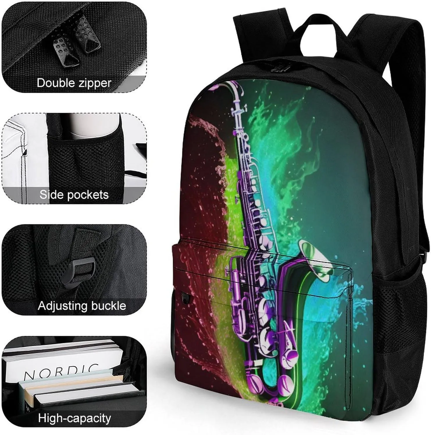 Rucksacks Multipurpose Anti-Theft Big Capacity Bookbag - Saxophone In Fire And Water Art Travel Hiking & Camping Rucksack With Padded Straps