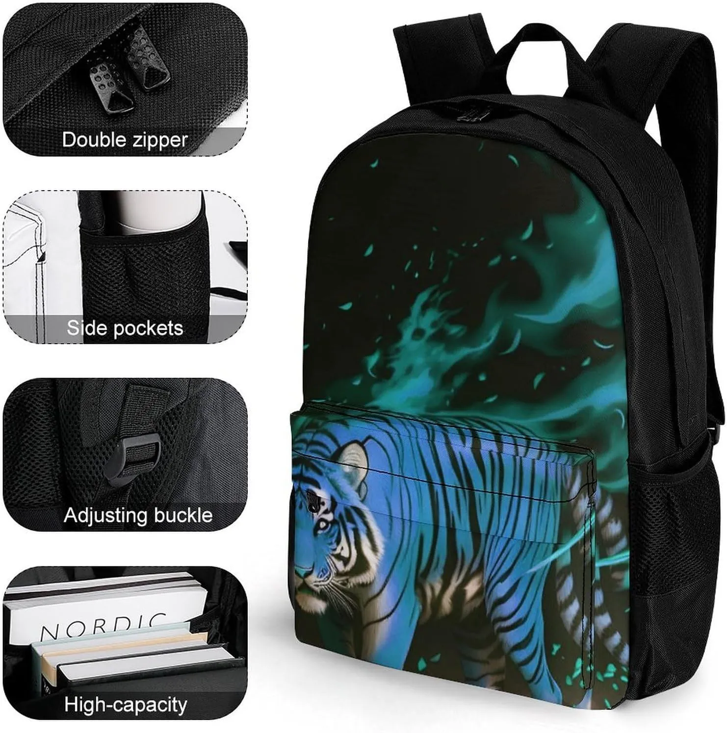 Rucksacks Multipurpose Anti-Theft Big Capacity Bookbag - Wild And Angry Tiger Fire Flame Brave Mammal King Roar Art Travel Hiking & Camping Rucksack With Padded Straps